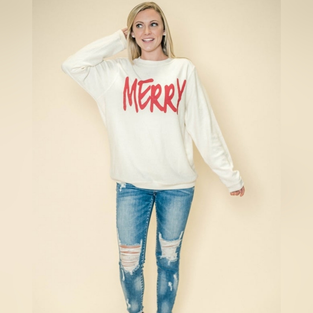 "Merry" cream corded Christmas top sz 2XL